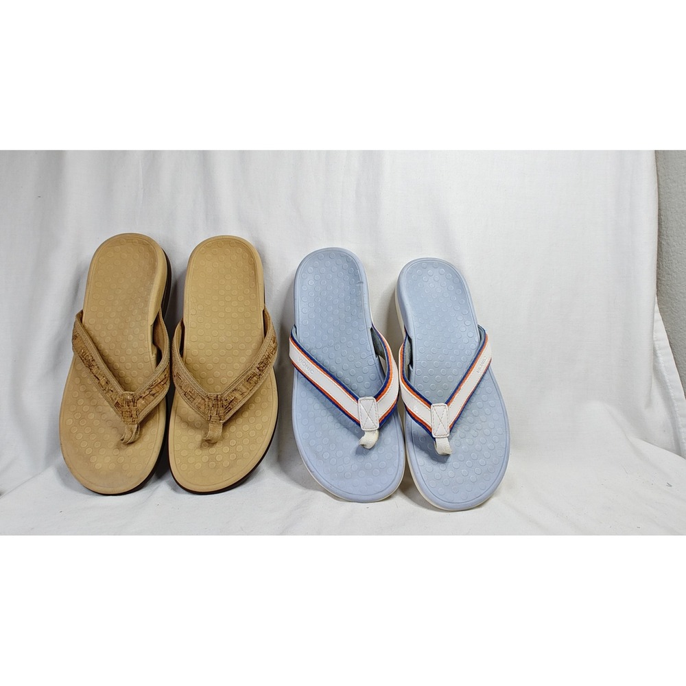 Vionic Tide Sandals Set While Blue Striped Tan Cork Orthotic Thong Bundle Size 8